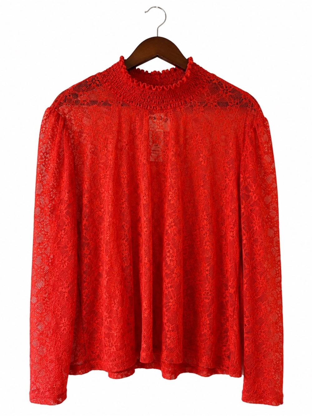 Red Lace Mock-Neck Long Sleeve Boho Holiday Romantic Date Night Plus Size